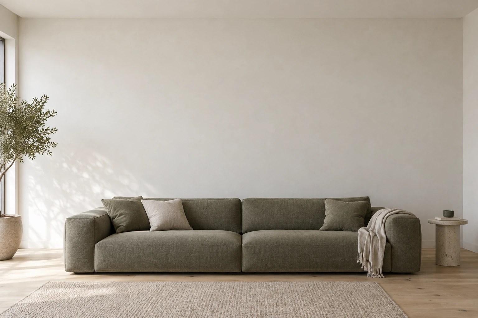 A contemporary living room with a sofa against a blank wall.